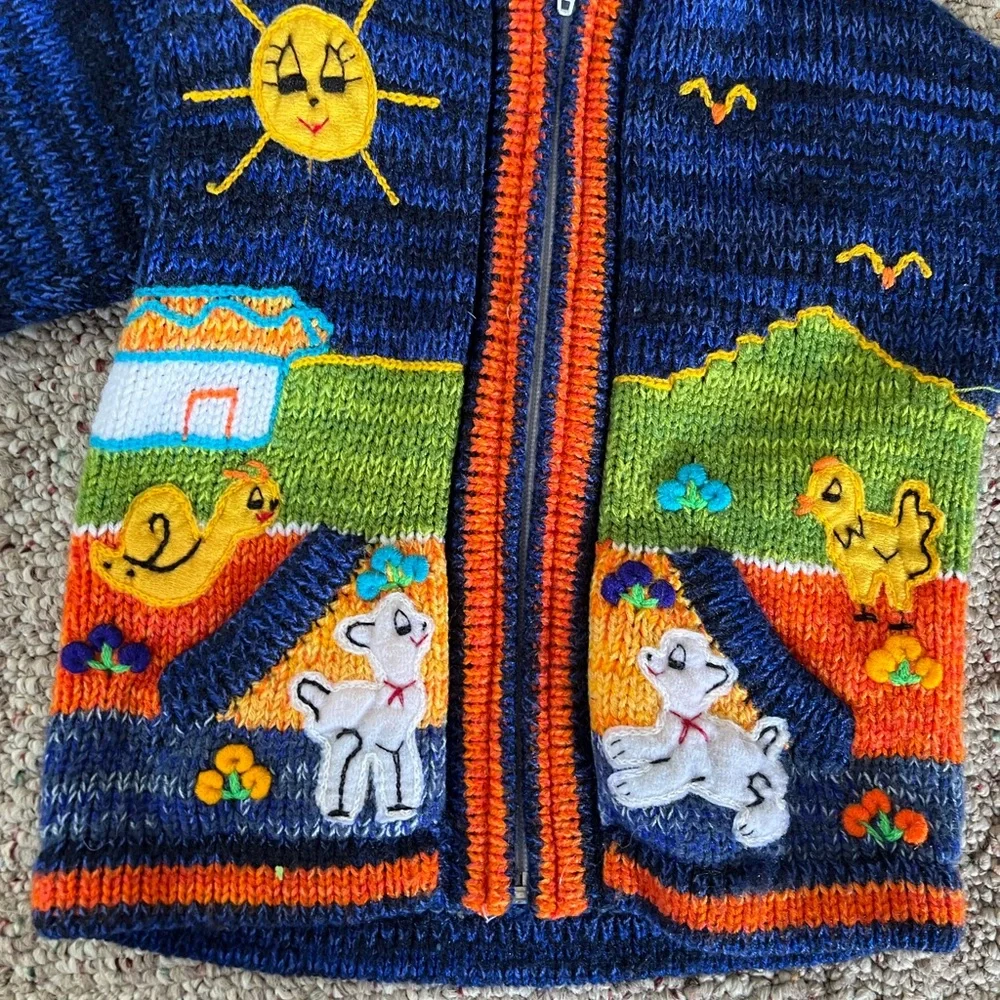 Kids Navy Hooded Zip Sweater with Colorful Animal Patchwork